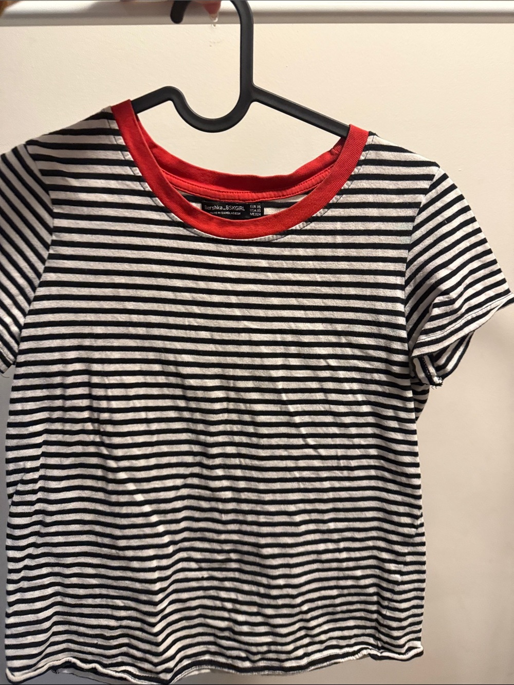 Bershka Black & White Striped Tee with Red Neckline